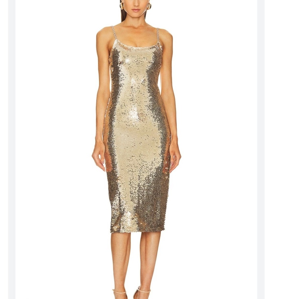 Amanda Uprichard Sequin Midi Dress Champagne Gold with silver Chain Strap XS NEW
